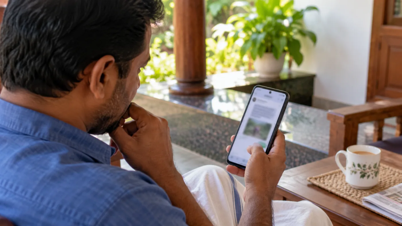 A man viewing information on a smartphone while sitting beside a window.