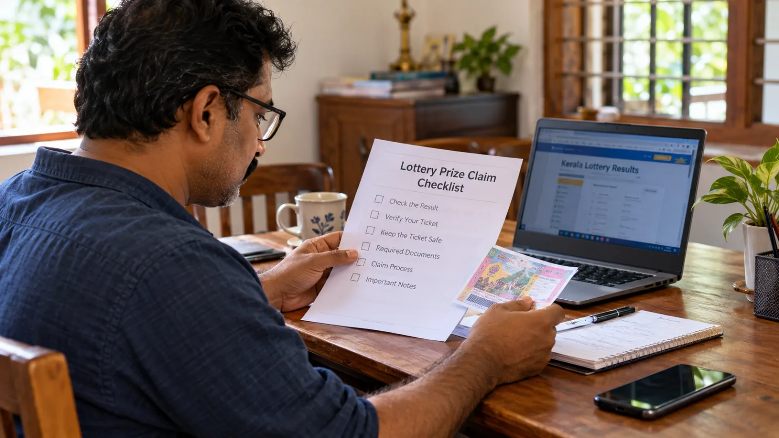 A man comparing a lottery ticket with a printed prize-claim checklist beside an open laptop.