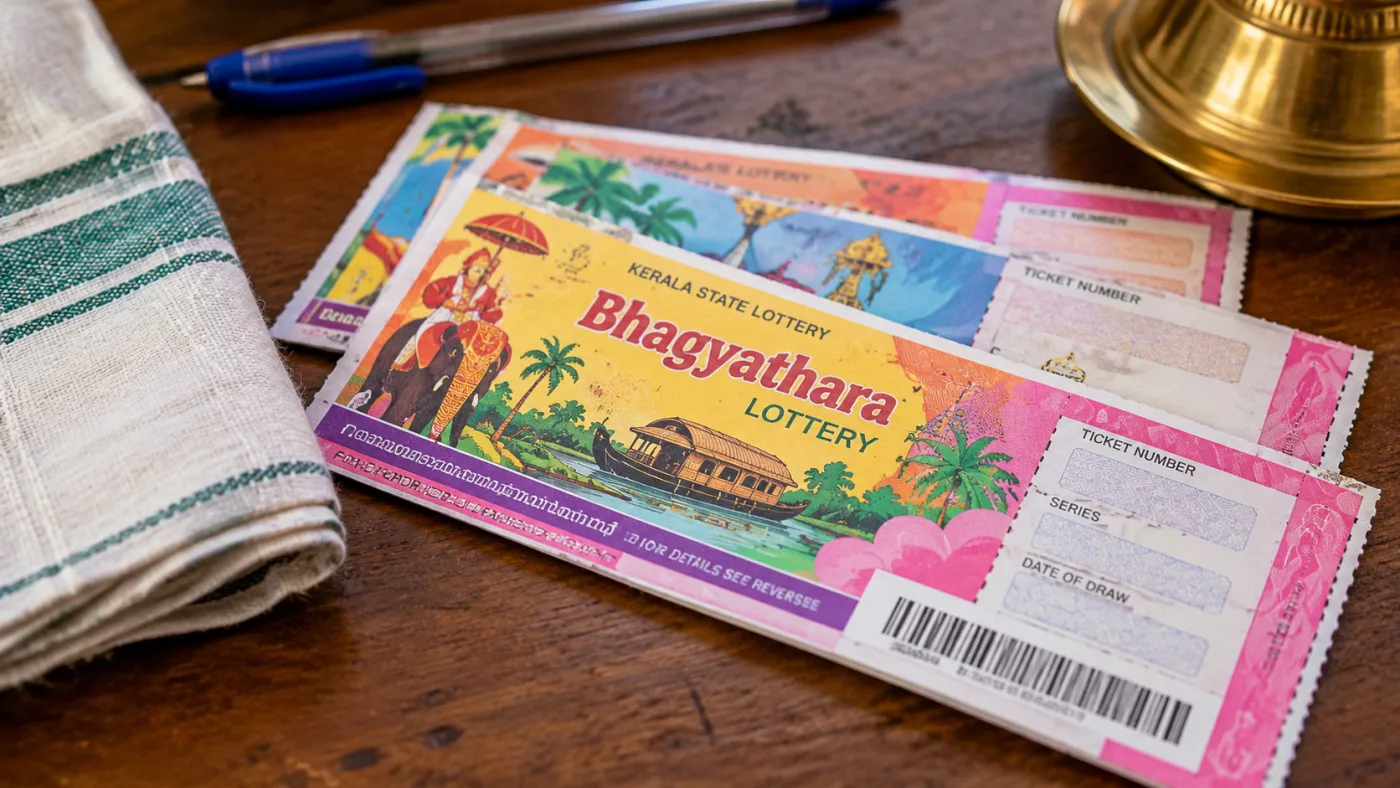 Close-up of illustrative Bhagyathara-style lottery tickets arranged on a wooden table.